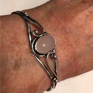 Rose Quartz Stamped 925 Sterling Silver Cuff Bracelet
